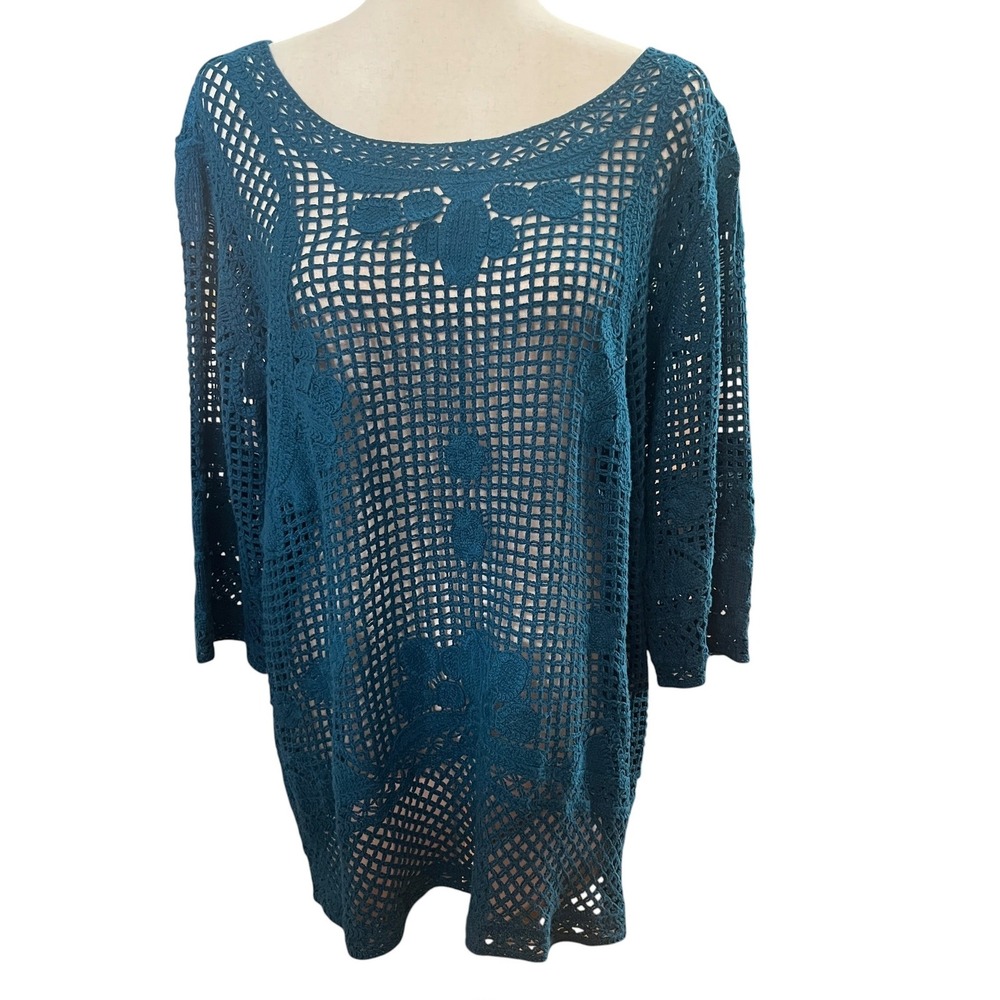 Cato Crochet Open Knit Cotton Tunic Top XL Teal Blue Festival Beach Coverup Boho